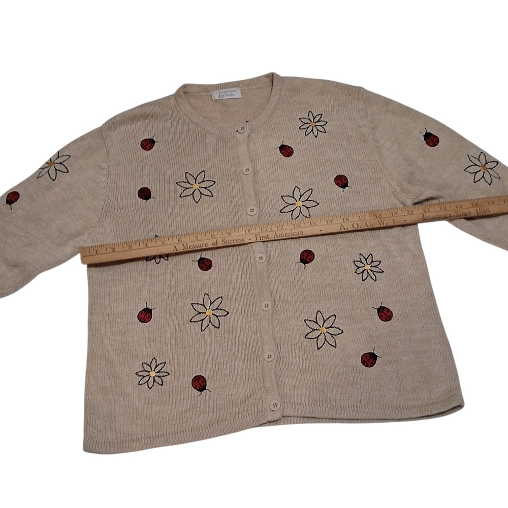 EUC Christopher and Banks Sz. M Oatmeal Color Lady Bugs and Flowers Sweater - Picture 4 of 9